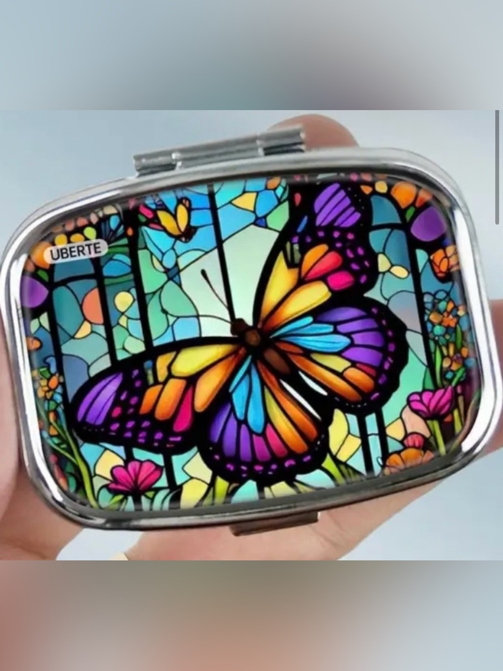 Vibrant Butterfly stained glass design 2 Compartment Pill Box. New.